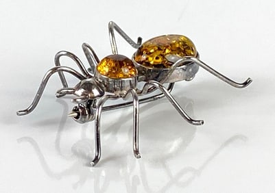 Sterling Silver Baltic Amber Spider Brooch
