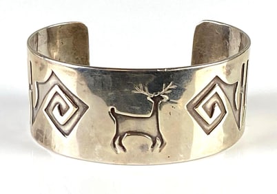 Sterling Silver Native American Deer Pattern Cuff Bracelet