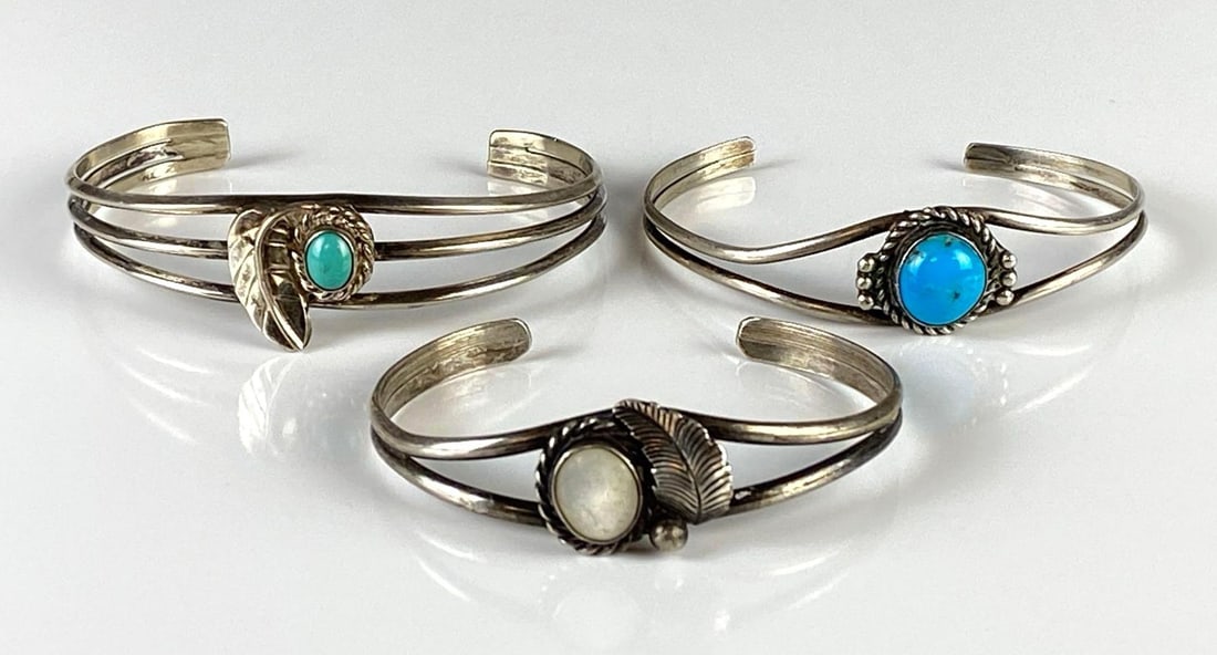 Group of 3 Sterling Silver Native American Style Cuff Bracelets: Includes turquoise, and mother of pearl.