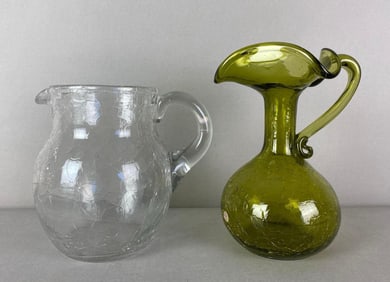 Group of 2 Vintage Blenko Crackle Art Glass Pitchers