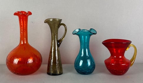 Group of 4 Vintage Blenko Crackle Art Glass Items