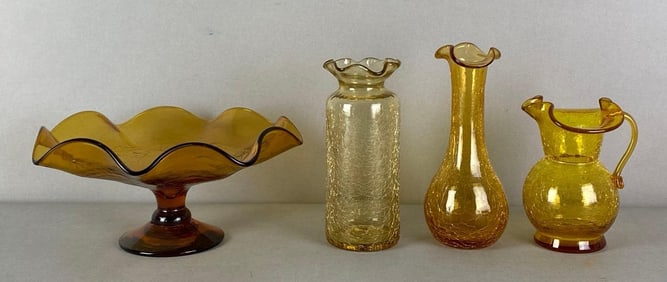 Group of 4 Vintage Yellow Crackle Art Glass Items