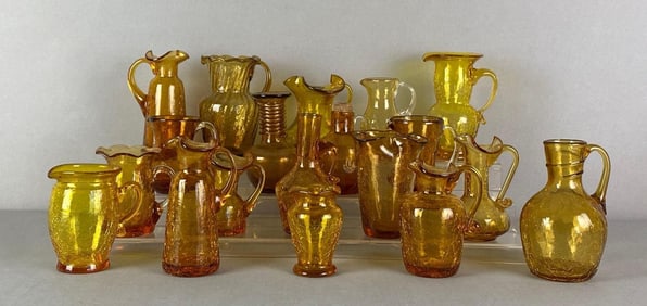 Group of Amber and Yellow Crackle and Bubble Glass Items