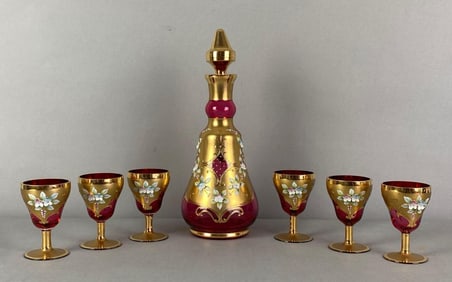 Set of 7 Hand Painted Floral Cranberry Glass Decanter and Glasses