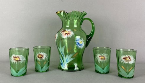 Set of 5 Hand Painted Floral Emerald Glass Pitcher and Glasses