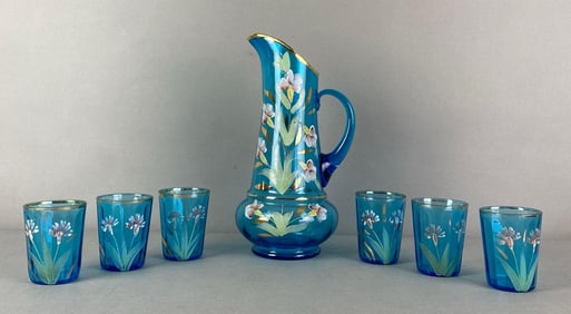 Set of 7 Hand Painted Floral Blue Glass Pitcher and Glasses