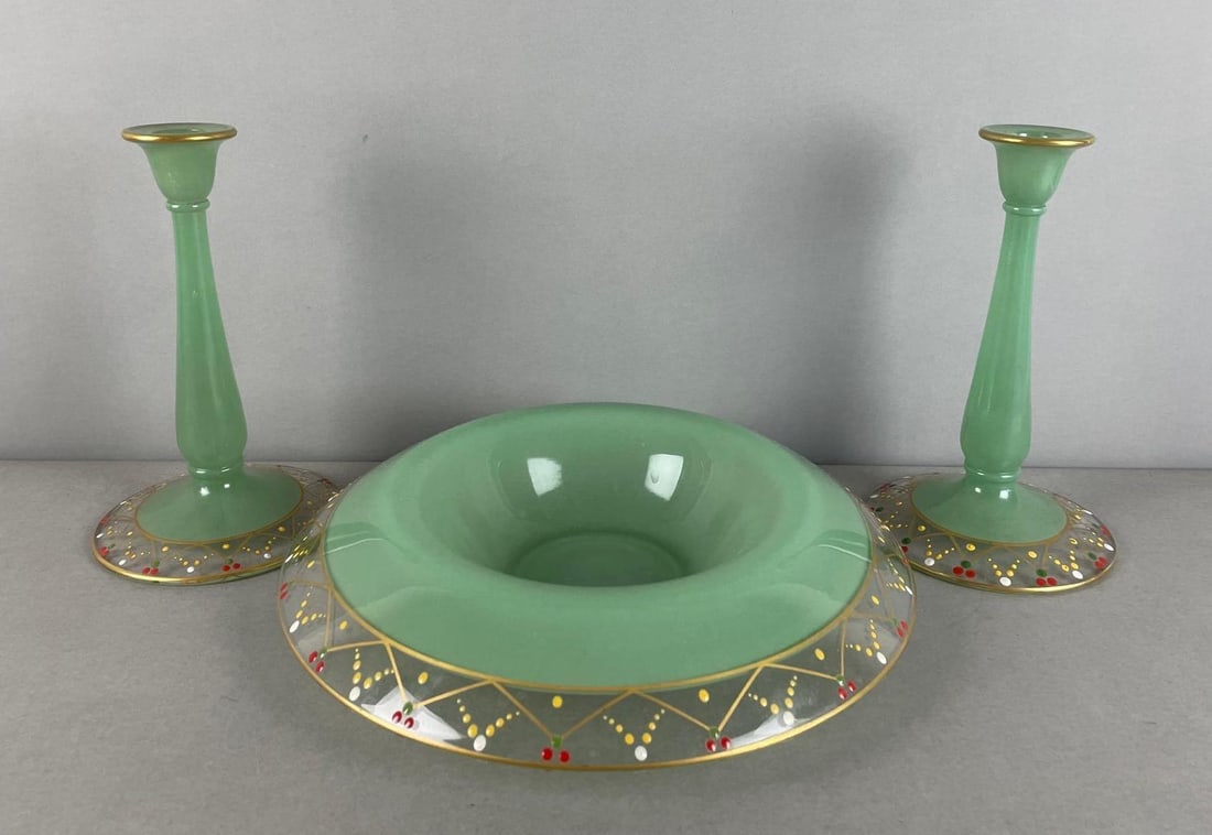 Set of Glass Jadeite Adorned Candlesticks and Bowl: Bowl measures 2 1/2 x 13 1/2 inches