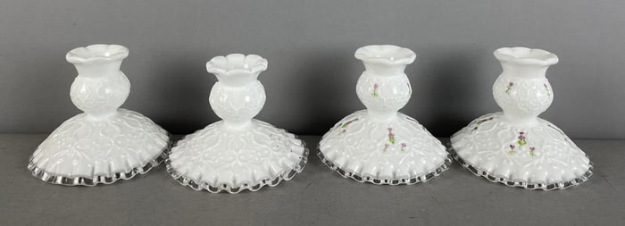 Group of Vintage White Pressed Glass Ruffled Candlesticks