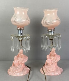 Group of 2 Figural Pink Glass Hanging Prism Table Lamps