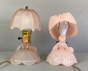 Group of 2 Figural Pink Glass Umbrella Shade Table Lamps