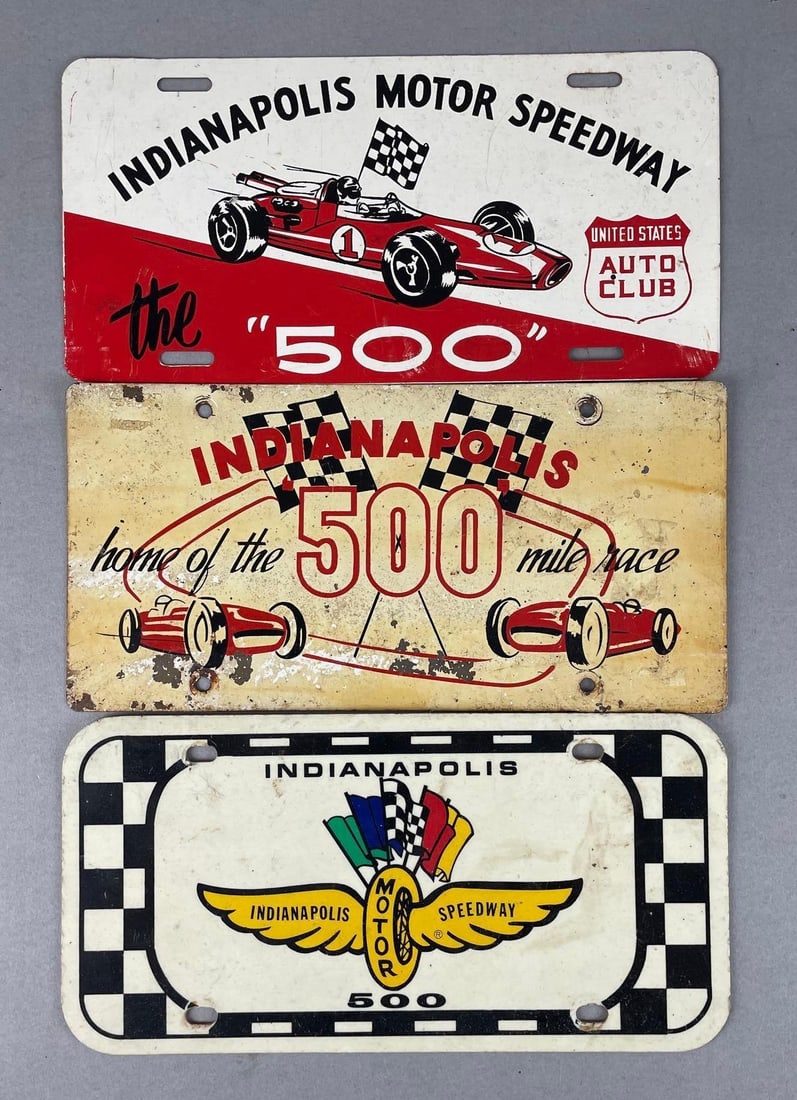 Group of 3 Vintage Indy 500 Novelty License Plates: Each measure 6 x 12 inches