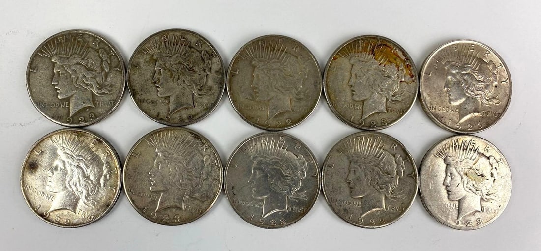 Group of 10 US Peace Silver Dollars (1 of 2)