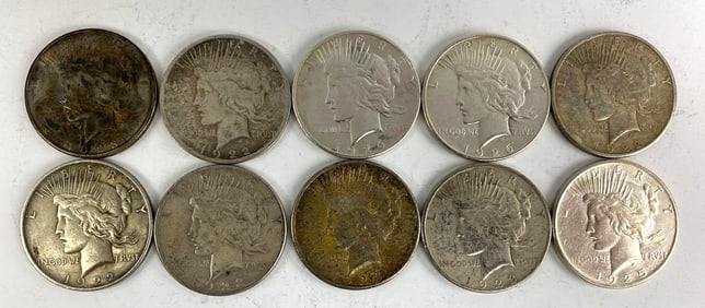 Group of 10 US Peace Silver Dollars