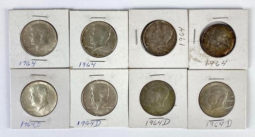 Group of 8 1964 US Kennedy Silver Half-Dollars