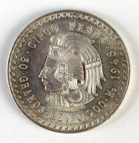 1948 Mexico 5 Pesos Cuauhtekoc 30g Silver Coin