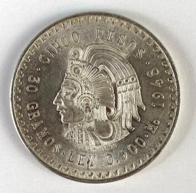 1948 Mexico 5 Pesos Cuauhtekoc 30g Silver Coin