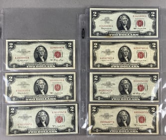 Group of 7 US $2 Jefferson Red Seal Bills