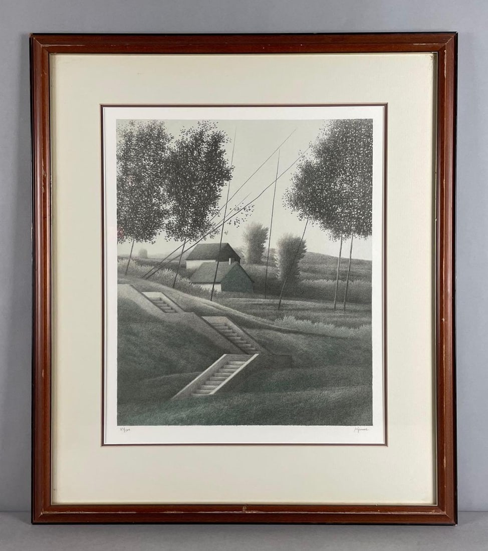 Robert Kipniss Signed and Numbered Hillside Stairway Lithograph: Number 43/120, includes documentation. Litho measures 18 x 15 inches, frame measures 26 1/2 x 23 inches