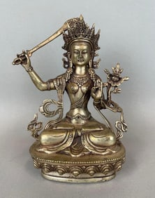 Manjushri Buddhist Silver Plated Statue
