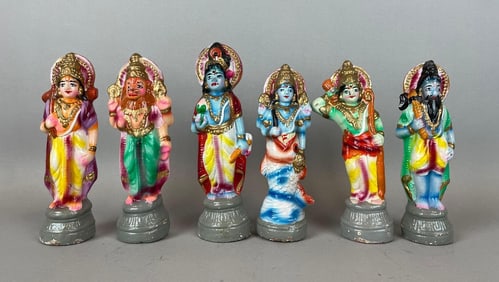 Group of 6 Hand-Painted Terra Cotta Hindu Deities