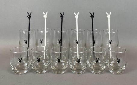 Group of Vintage Playboy Glassware and Swizzle Sticks