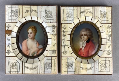Pair of Victorian Hand-Painted Gouache Miniature Portraits