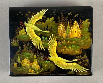 Artist Signed Russian Flying Cranes Lacquered Trinket Box