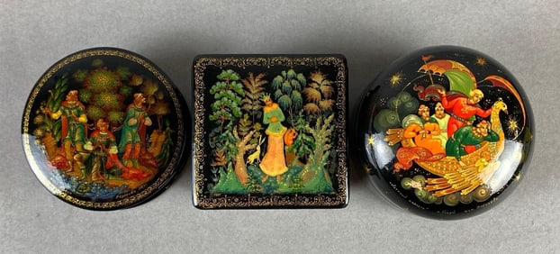Group of 3 Russian Hand-Painted Lacquered Trinket Boxes