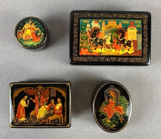 Group of 4 Russian Hand-Painted Lacquered Trinket Boxes
