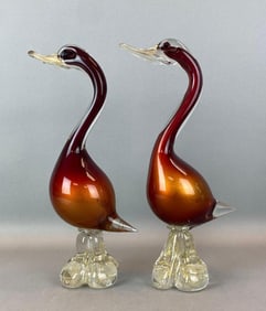Group of 2 Murano Gold Fleck Art Glass Bird Figurine