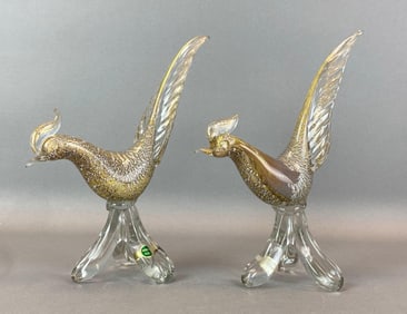 Group of 2 Murano Silver Fleck Art Glass Bird Figurines