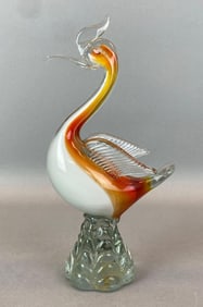 Murano White Amberina Art Glass Bird Figurines