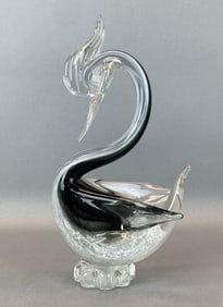 Murano Black White Speckle Art Glass Bird Figurine