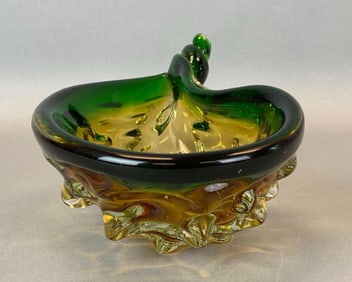 Murano Green Yellow Pulled Art Glass Bowl