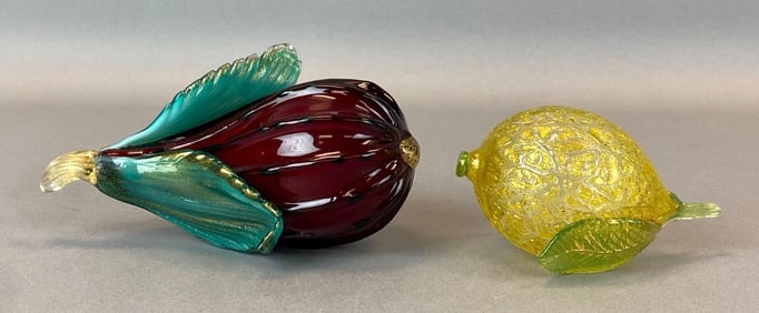 Group of 2 Murano Gold Fleck Art Glass Fruits