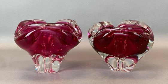 Group of 2 Murano Cranberry Abstract Art Glass Bowls