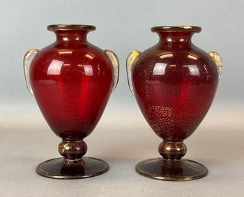 Group of 2 Murano Ruby Gold Fleck Art Glass Vases