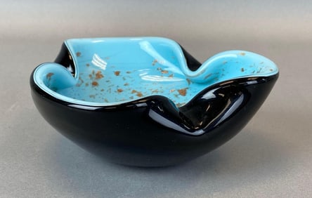 Murano Turquoise Gold Fleck Black Cased Art Glass Ashtray