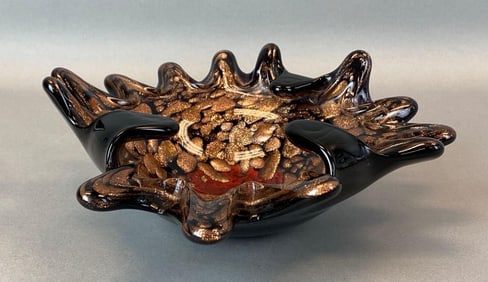 Murano Black Rose Gold Fleck Pulled Art Glass Bowl