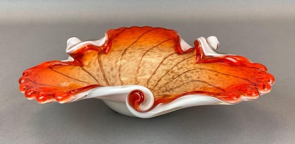 Murano Orange Cased Gold Fleck Art Glass Bowl