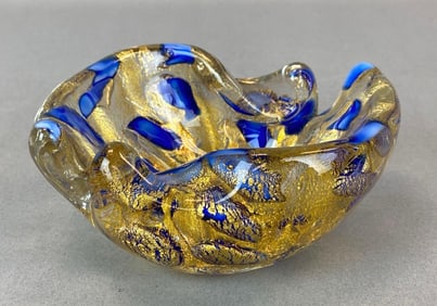 Murano Gold Fleck Cobalt Blue Art Glass Ashtray