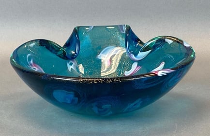 Murano Aqua Gold Fleck Art Glass Ashtray