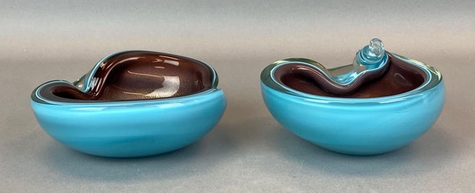 Group of 2 Murano Blue Amethyst Sommerso Art Glass Bowls
