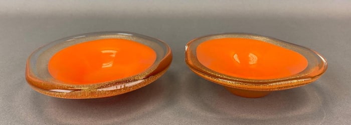 Group of 2 Murano Gold Fleck Orange Art Glass Bowls