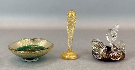Group of 3 Murano Gold Fleck Art Glass Items