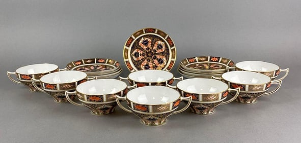 Group of Royal Crown Derby Bone China Old Imari Cream Soup Bowls and Saucers