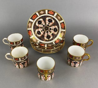 Group of Royal Crown Derby Bone China Old Imari Coffee Cups and Saucers