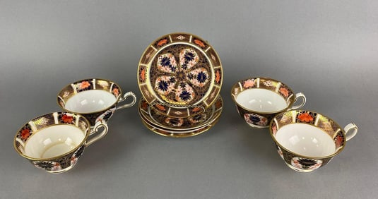 Group of Royal Crown Derby Bone China Old Imari Teacups and Saucers