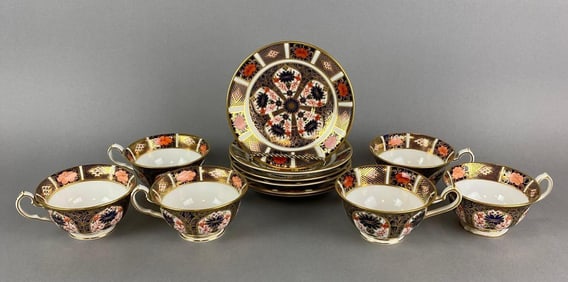 Group of Royal Crown Derby Bone China Old Imari Teacups and Saucers