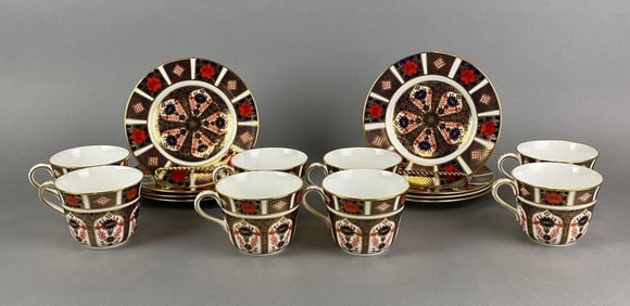 Group of Royal Crown Derby Bone China Old Imari Saucers and Teacups
